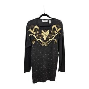 Vintage Trimmings Black Sequin Sweater Dress Gold Beaded Women's M 80's Party